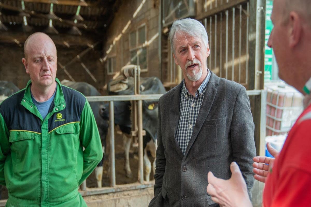 Huw Irranca-Davies met with Rhyadr Farm owners who have been impacted by bovine TB <i>(Image: Welsh Government)</i>