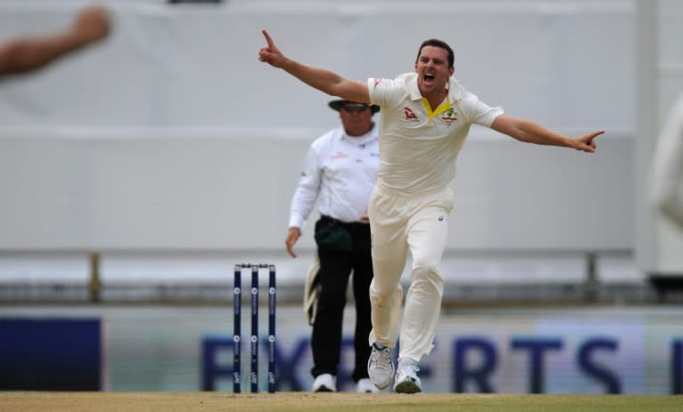 Australia's Josh Hazlewood celebrates the dismissal of England's overnight batsman and first-innings centurion Jonny Bairstow on the final day of the third Ashes Test