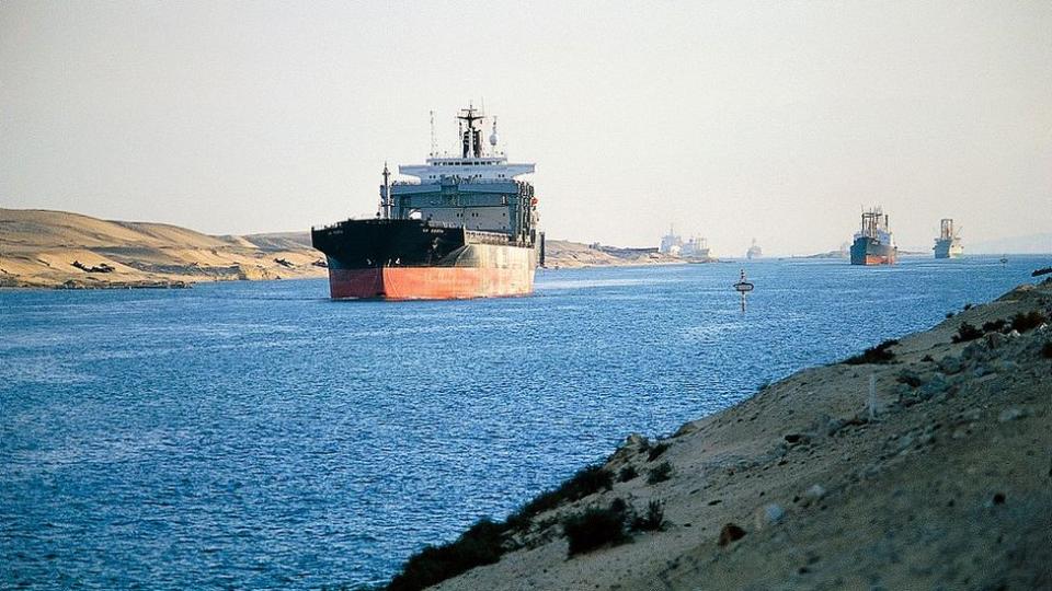 File image of cargo ships transits the Suez Canal near Ismailia, Egypt