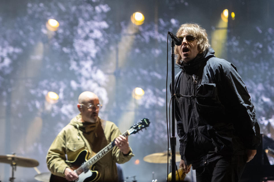 GLASGOW, SCOTLAND - SEPTEMBER 11: Paul Benjamin Arthurs, aka Bonehead, and Liam Gallagher perform on the Main Stage on the second day of TRNSMT Festival 2021 on September 11, 2021 in Glasgow, Scotland. (Photo by Roberto Ricciuti/Redferns)