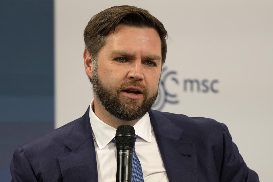 U.S. Sen. J. D. Vance speaks at the Munich Security Conference at the Bayerischer Hof Hotel in Munich, Germany, Sunday, Feb. 18, 2024. (AP Photo/Matthias Schrader)