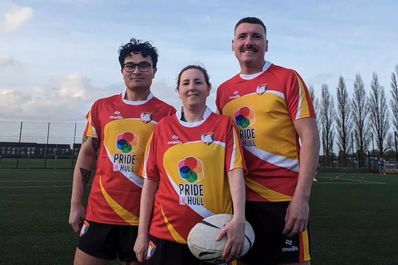 Aldous, Gemma and Stu, of Hull Roundheads Touch team, sporting the Pride in Hull kit