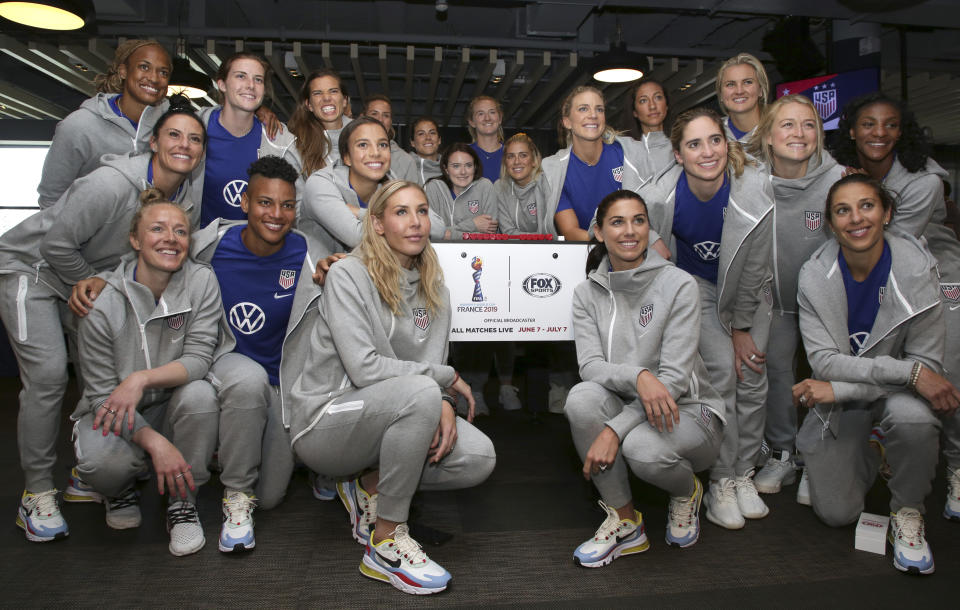 Member of the United States women's national soccer team pose for a picture during the team's Women's World Cup media day in New York, Friday, May 24, 2019. (AP Photo/Seth Wenig)