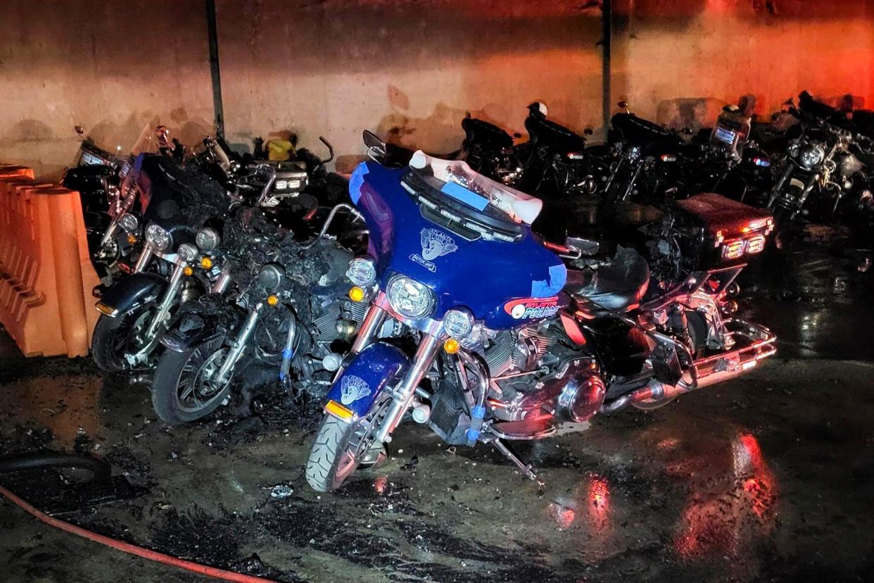 <span>Torched police motorcycles after a 1 July 2023 attack at a police precinct in south-east Atlanta.</span><span>Photograph: Atlanta Police Department via AP</span>