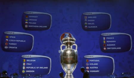 Football Soccer - Euro 2016 draw - Palais des Congres, Paris, France - 12/12/15 The trophy of the Euro 2016 is seen in front of a screen with results of draw REUTERS/Charles Platiau