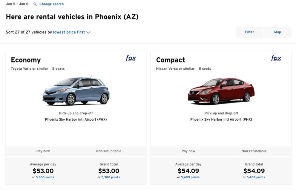 Screenshot of car rental search results page on Citi Travel Portal