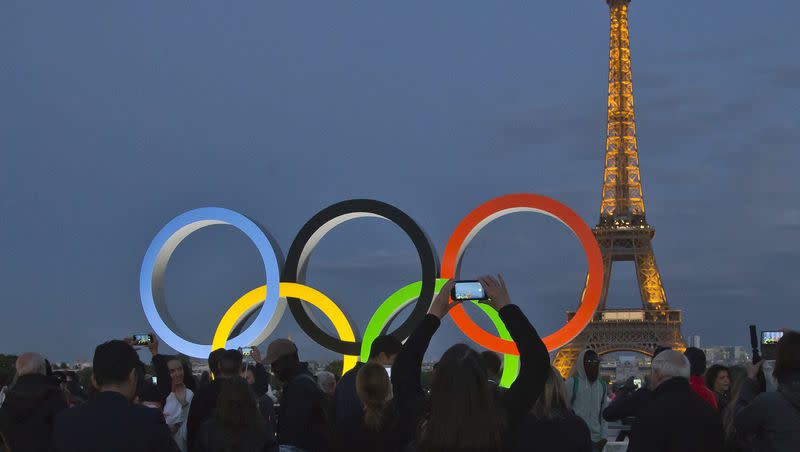 he Olympic rings are set up on Trocadero plaza that overlooks the Eiffel Tower in Paris, France, Thursday, Sept. 14, 2017. (