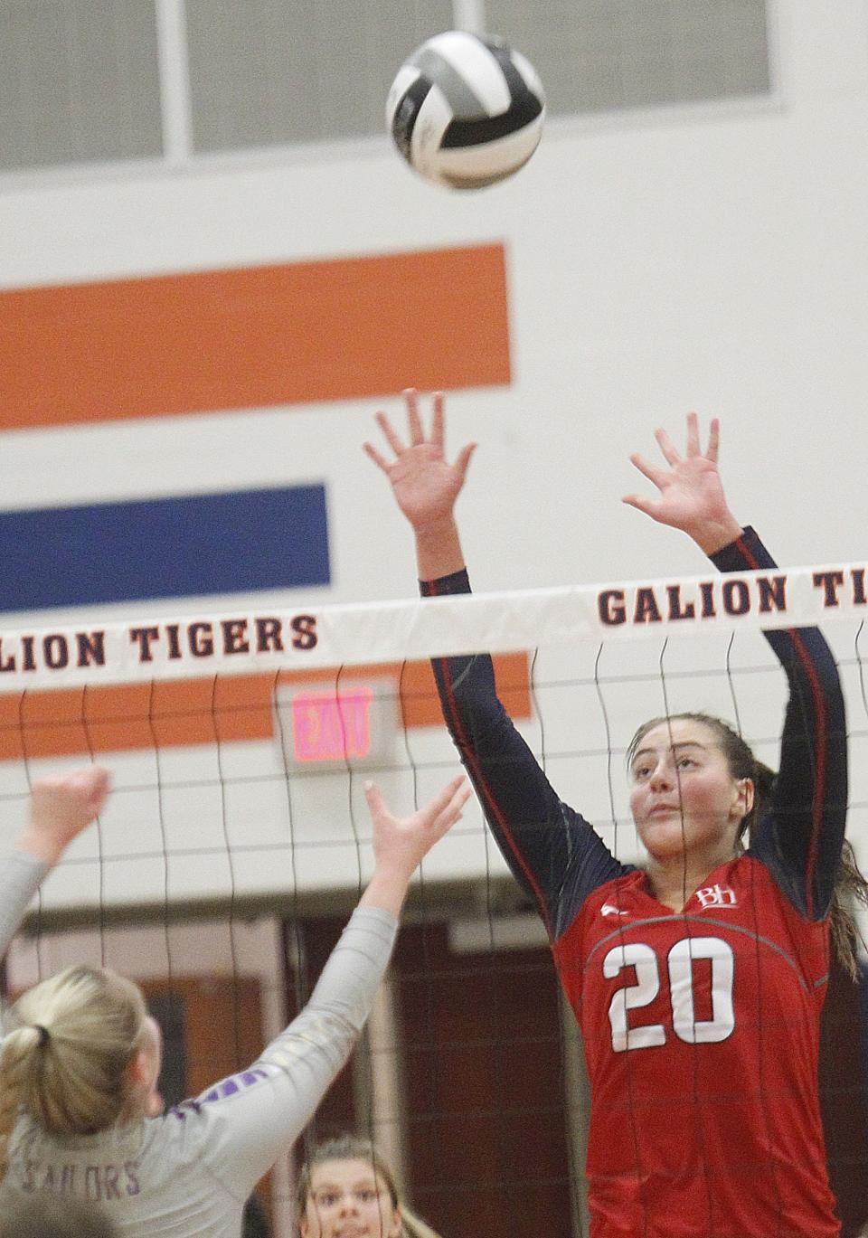 Hartley's Ella Brandewie attempts to block a shot during the Division II Regional Semifinal game against Vermillion at Galion High School on Nov. 3.