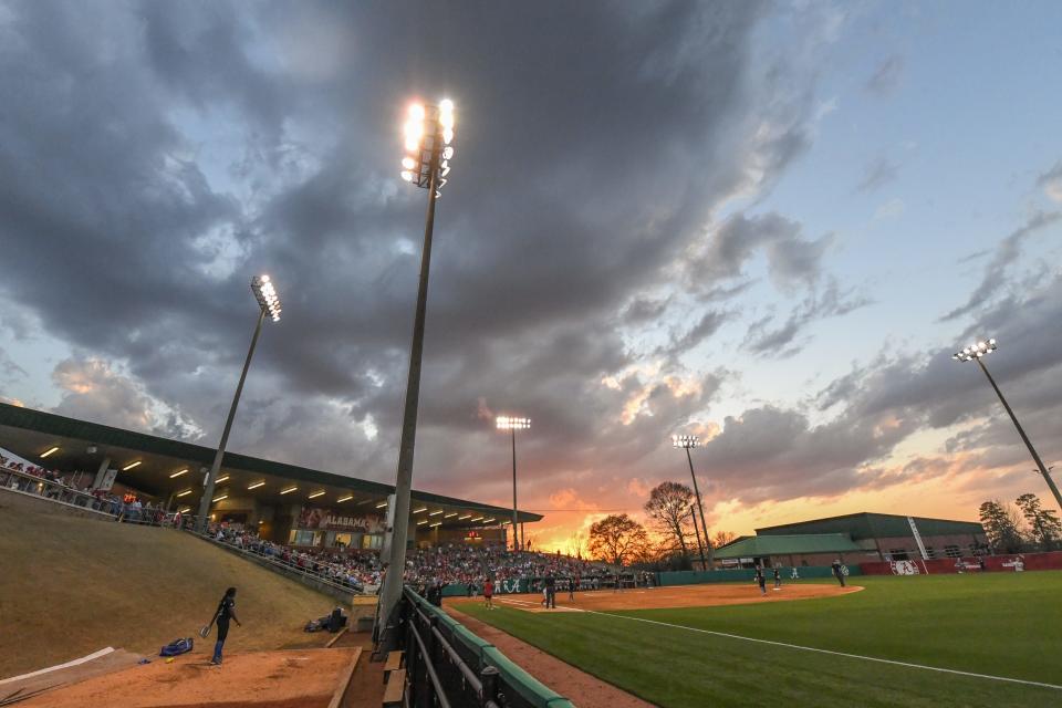 Sunset flares in the west at Rhoads Stadium Friday, March 18, 2022 during the game between the Alabama Crimson Tide and the Kentucky Wildcats. Alabama won the game 4-2, beginning the weekend series with the Wildcats. 