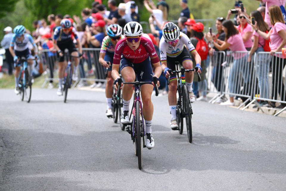 MIRADOR DE PEAS LLANAS SPAIN  MAY 05 Demi Vollering of The Netherlands and Team SD Worx  Pink UCI Womens WorldTour Leader Jersey attacks to win the 9th La Vuelta Femenina 2023 Stage 5 a 1292km stage from La Cabrera to Mirador de Peas Llanas 1479m  UCIWWT  on May 05 2023 in Mirador de Peas Llanas Spain Photo by Dario BelingheriGetty Images