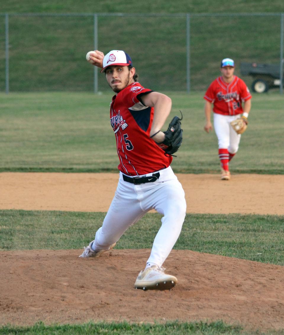 Hagerstown starter Mikey Hawbaker delivers a pitch during the Braves' 13-1 win over the Frederick Flying Dogs.