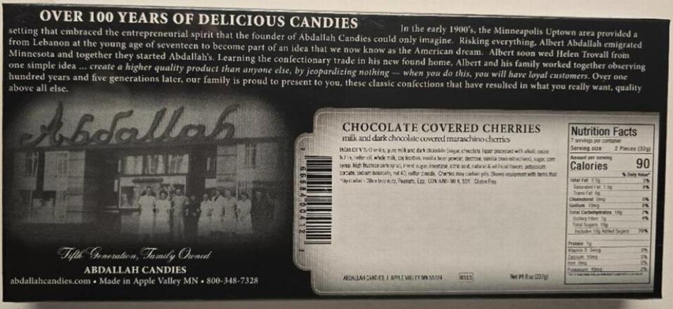 The back label lists the ingredients, not for the Sea Salt Almond Alligators, but for Chocolate Covered Cherries. The latter doesn’t have almonds, so almonds aren’t listed as an allergen.