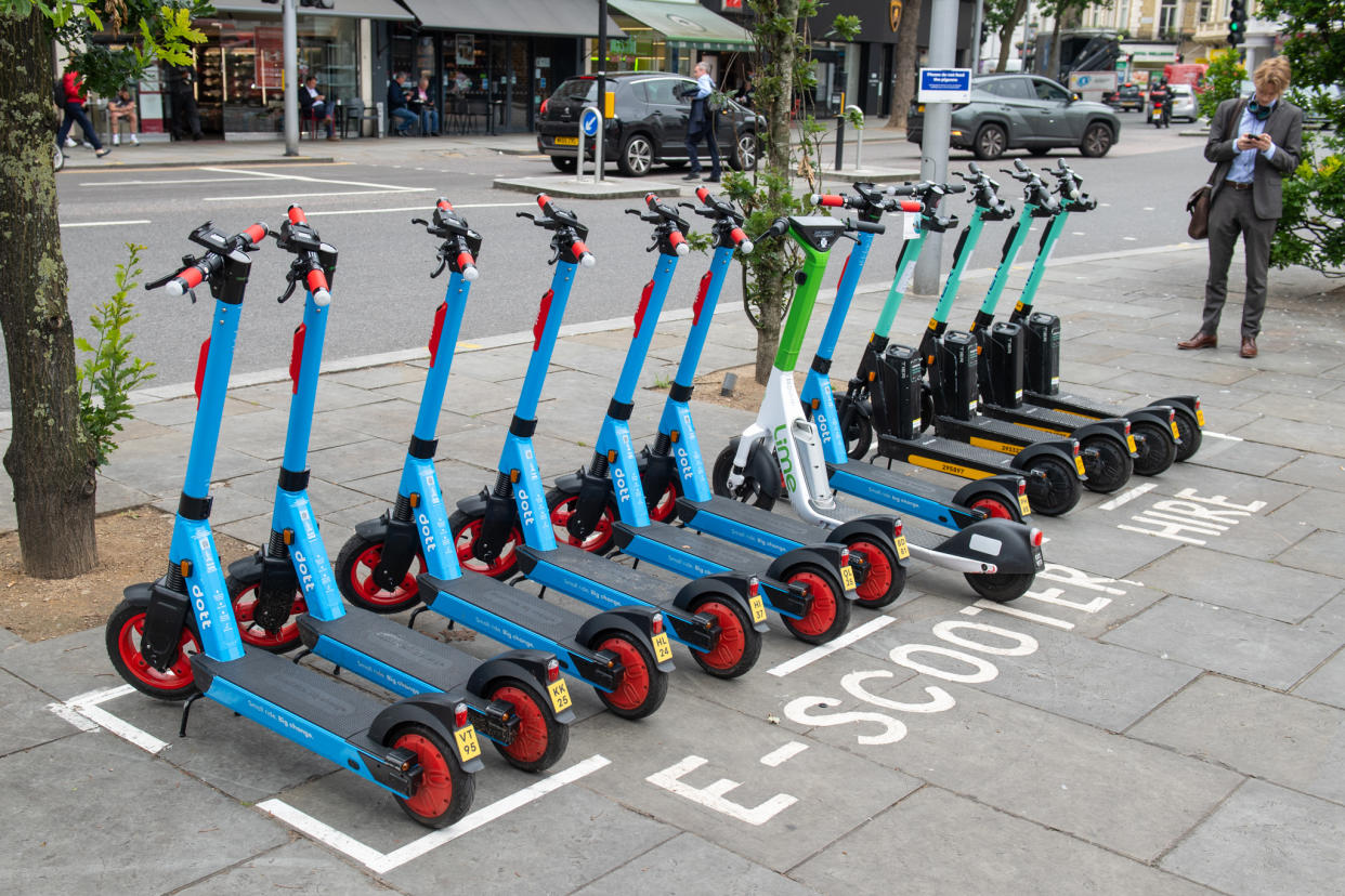 General view of E-Scooters operated by Dott, Lime and Tier at an E-Scooter hire point in Kensington, west London Picture date: Tuesday June 29, 2021. (Photo by Dominic Lipinski/PA Images via Getty Images)