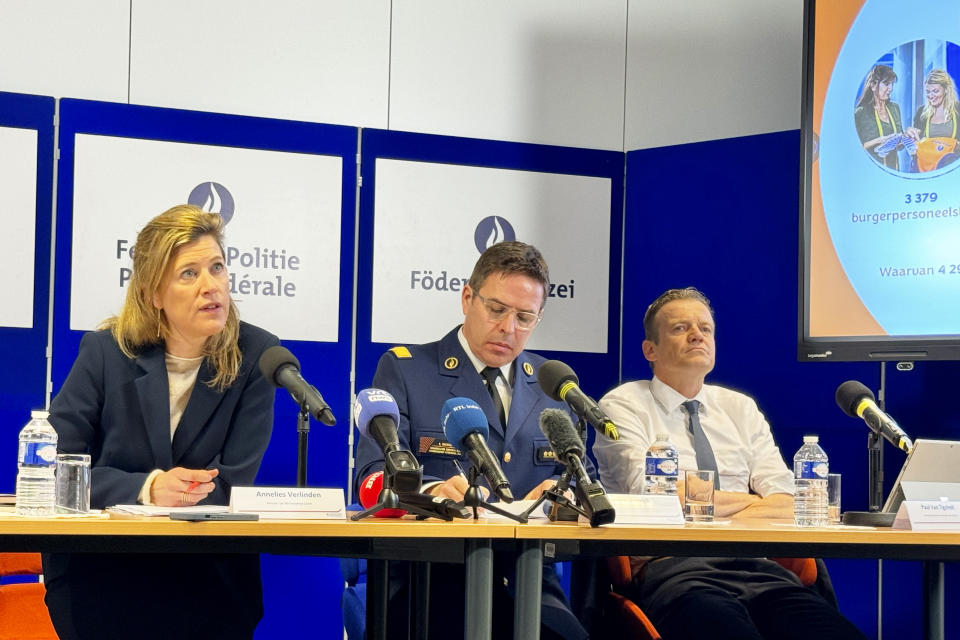 From left, Belgium's Interior Minister Annelies Verlinden, Belgium's Federal Police Commissioner General Eric Snoek and Belgian Justice Minister Paul Van Tigchelt address a media conference in Brussels, Thursday, Feb. 15, 2024. The grim picture of violent crime related to drugs is becoming increasingly visible in Europe's capital city. Drug dealers have recently fought in the heart Brussels for several days, leaving in their wake one dead and others injured. (AP Photo/Sylvain Plazy)