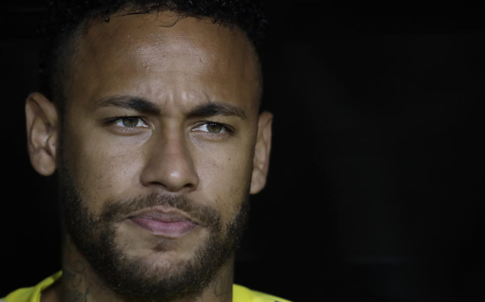 Brazil's Neymar Jr. listens to his country's national anthem before an international friendly soccer match against Peru on Tuesday, Sept. 10, 2019, in Los Angeles. (AP Photo/Marcio Jose Sanchez)