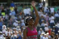 Mar 26, 2017; Miami, FL, USA; Venus Williams of the United States waves to the crowd after her match against Patricia Maria Big of Romania (not pictured) on day six of the 2017 Miami Open at Crandon Park Tennis Center. Mandatory Credit: Geoff Burke-USA TODAY Sports