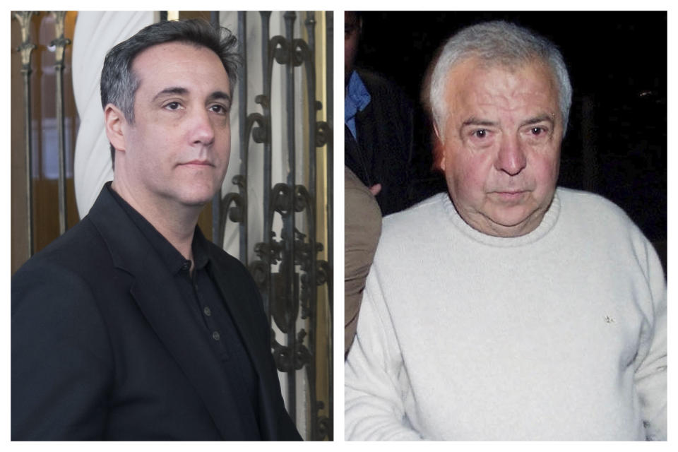 This combination of 2019 and 2002 file photos shows Michael Cohen, left, President Donald Trump's former personal attorney, outside his apartment building in New York and drug kingpin Gilberto Rodriguez Orejuela leaving the Combita maximum security prison in Tunja, Colombia before extradition to the United States in 2004. Amid the COVID-19 coronavirus threat, they are among the prisoners making pleas for compassionate release or home detention. (AP Photo/Jonathan Carroll, Javier Galeano)