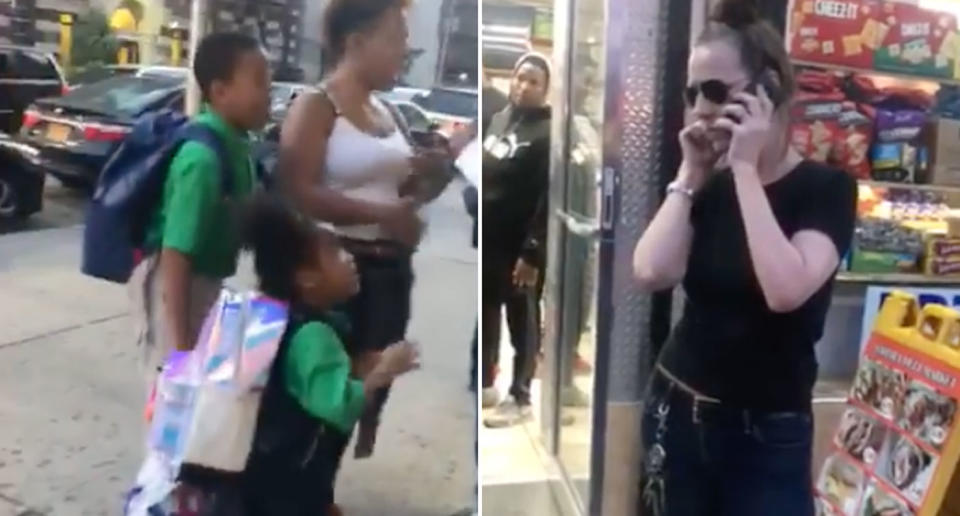 A woman has been filmed appearing to call police on a nine-year-old boy in New York. She claims the boy who is pictured on the right with a backpack sexually assaulted her. Source: Facebook/Jason Stovetop Littlejohn