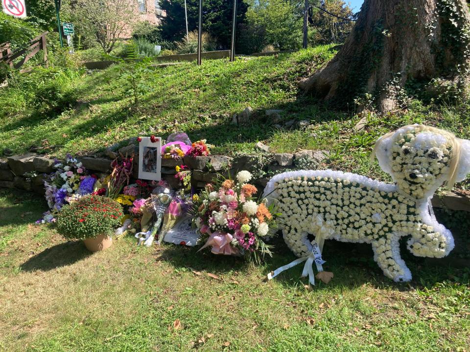 Memorial to Stephanie Kavourias, a Hartsdale community leader, on East Hartsdale Avenue where she was run down by a pickup truck driven by Antonio Robles-Sanchez on Aug. 26, 2023.