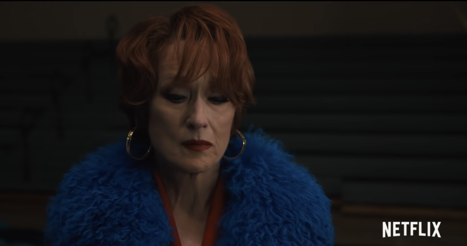 Meryl Streep in the Prom, dressed as an ageing diva looking sad