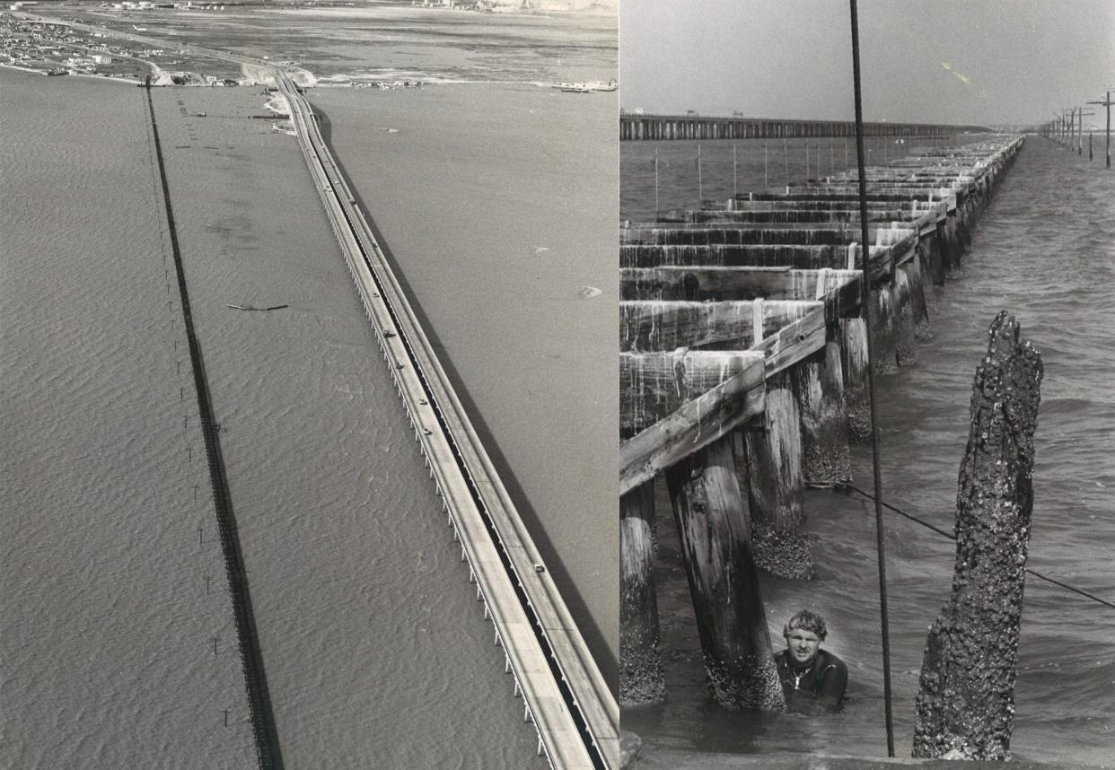 LEFT: The original San Antonio and Aransas Pass Railway Co. trestle crossing Nueces Bay was built in the 1880s, and ran parallel to Nueces Bay Causeway once it was built in 1914. The railway was eventually acquired by Southern Pacific and the last trains ran on the trestle in 1965. This photo was taken in October 1966. RIGHT: Workers from Goldston Co. began removing the pilings and remaining trestles from the old SAAP line in 1976.