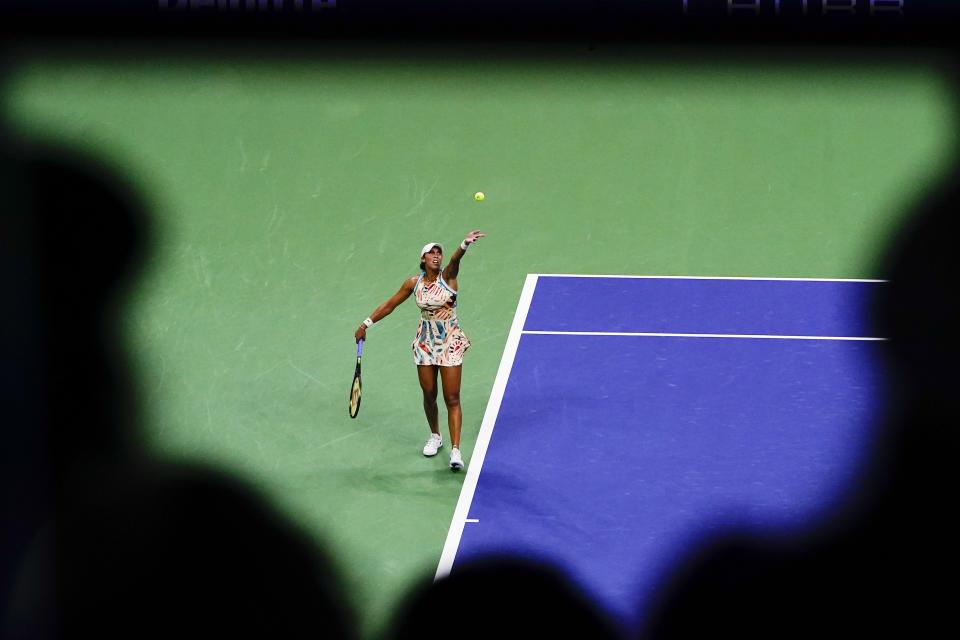 Madison Keys, of the United States, serves to Marketa Vondrousova, of the Czech Republic, during the quarterfinals of the U.S. Open tennis championships, Wednesday, Sept. 6, 2023, in New York. (AP Photo/Frank Franklin II)