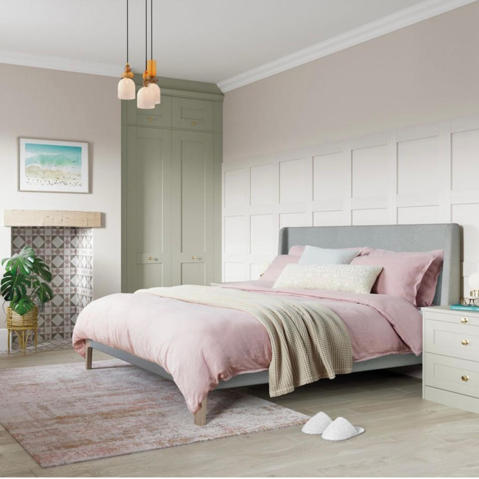 Pink, green and beige bedroom