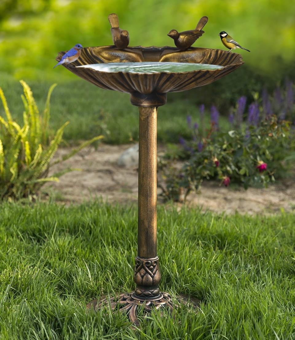 the birdbath in a yard with pretend birds