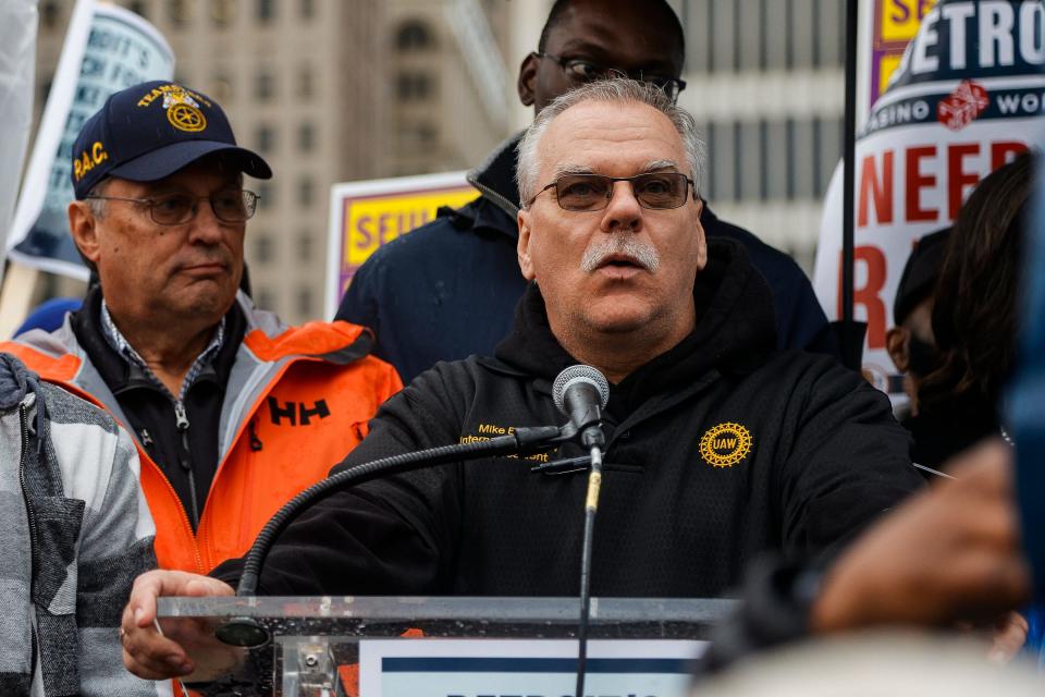 UAW Vice President Mike Booth speaks during Detroit's March for Workers' Rights and Economic Justice at Hart Plaza in downtown Detroit on on Thursday, Oct. 19, 2023.