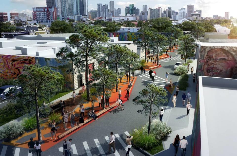 An architectural rendering shows a design for a “woonerf,” a street shared by pedestrians and slow-moving cars, on Northwest First Place in Wynwood under a new streetscape plan adopted by the Miami Commission.