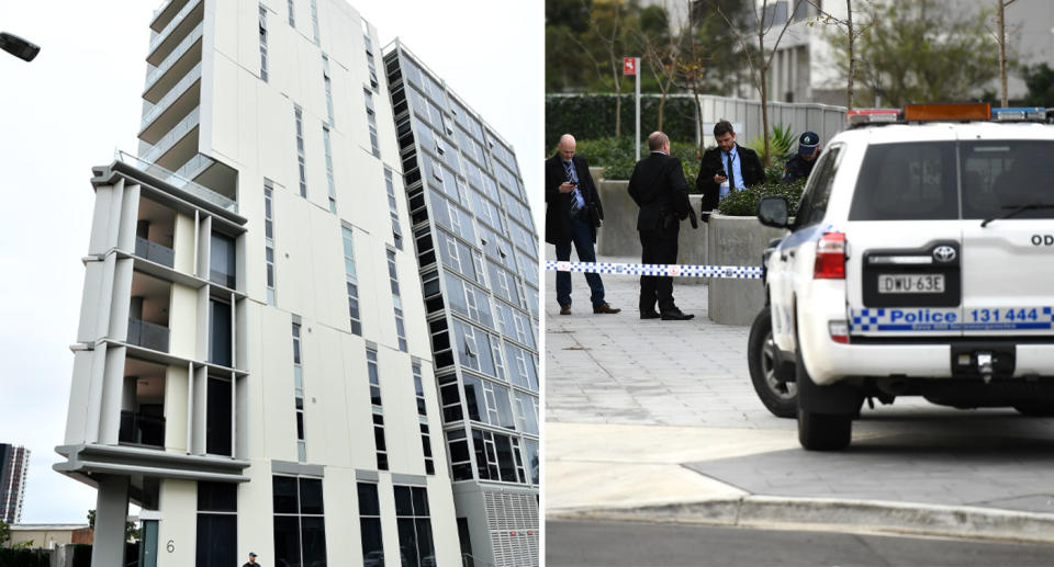 Police at the crime scene where Shuyu Zhou was found behind a building in Zetland on June 2019.