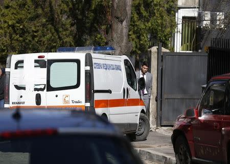 An ambulance enters the compound of the Palestinian embassy in Sofia, Bulgaria February 26, 2016. REUTERS/Stoyan Nenov