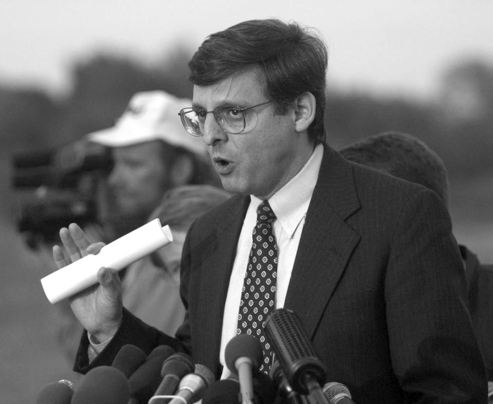 FILE - In this April 27, 1995, file photo, Merrick Garland, associate deputy attorney general, speaks to the media following the hearing of Oklahoma bombing suspect Timothy McVeigh, before federal magistrate Ronald Howland, in El Reno, Okla. (AP Photo/Rick Bowmer, File)