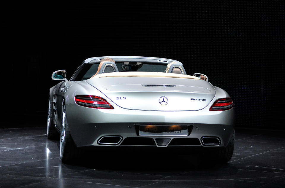 FRANKFURT AM MAIN, GERMANY - SEPTEMBER 13: Mercedes Benz presents the new SLS 55 AMG during the press days at the IAA Frankfurt Auto Show on September 13, 2011 in Frankfurt am Main, Germany. The IAA will be open to the public from September 17 through September 25 (Photo by Thorsten Wagner/Getty Images)