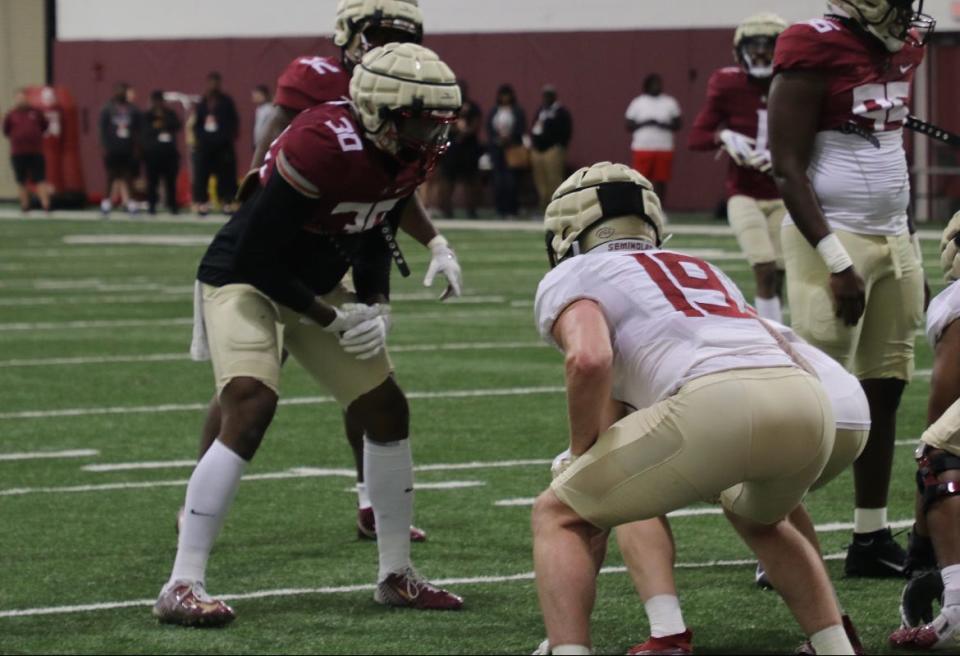 FSU defensive end Quashon Fuller (30) prepares to rush opposite tight end Wyatt Rector (19).