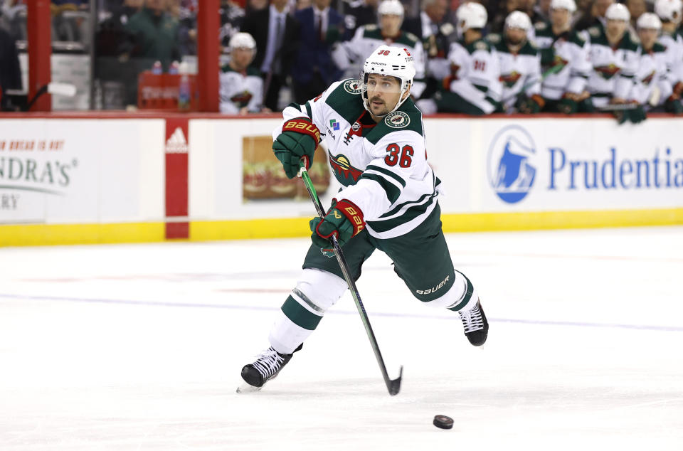 Minnesota Wild right wing Mats Zuccarello (36) shoots against the New Jersey Devils during the first period of an NHL hockey game, Sunday, Oct. 29, 2023, in Newark, N.J. (AP Photo/Noah K. Murray)