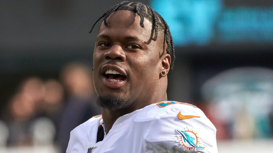 Mandatory Credit: Photo by Duncan Williams/CSM/Shutterstock (10494946b), 2019, East Rutherford, New Jersey, USA: Miami Dolphins outside linebacker Jerome Baker (55) during warm up prior to a NFL game between the Miami Dolphins and the New York Jets at MetLife Stadium in East Rutherford, New Jersey.