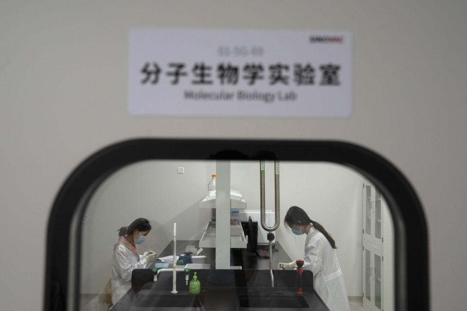 FILE - Workers in a Molecular Biology Lab in the SinoVac vaccine factory in Beijing on Thursday, Sept. 24, 2020. (AP Photo/Ng Han Guan, File)