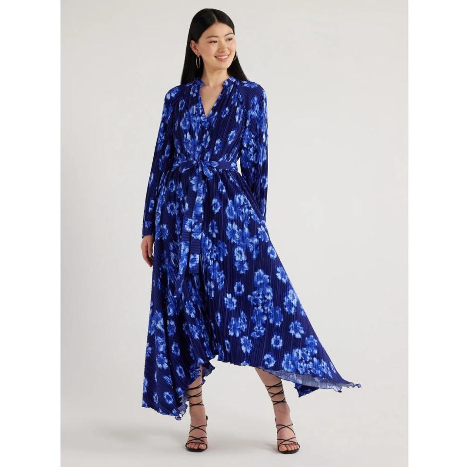 blue floral pleated long sleeve maxi dress 