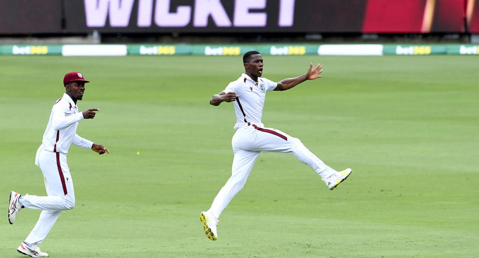 Seen here, Shamar Joseph celebrates a wicket for the West Indies on day four of the second Test against Australia at the Gabba. 