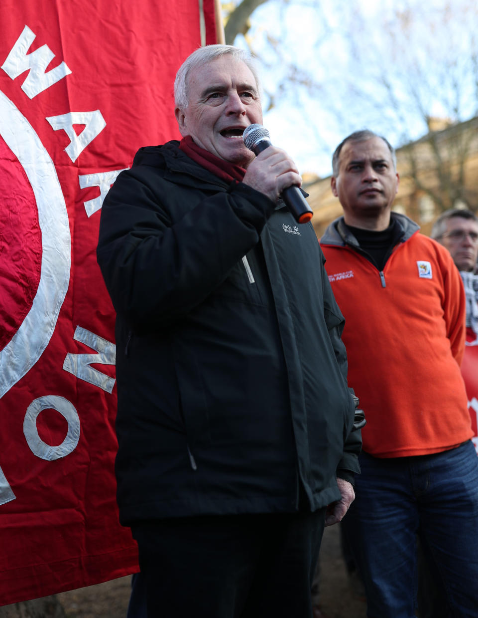 Labour shadow chancellor John McDonnell speaking during a protest by the Stop the War Coalition against the threat of war with Iran opposite Downing Street in Whitehall, London.