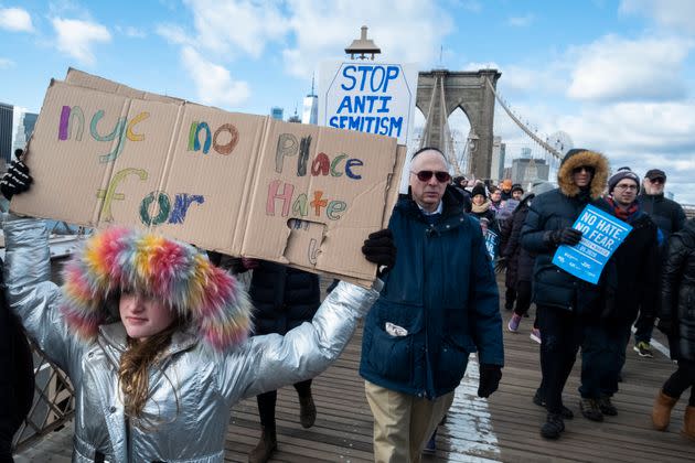 Marchers protesting antisemitism cross the Brooklyn Bridge on Jan. 2, 2020, in New York City as part of the No Hate No Fear Solidarity March.