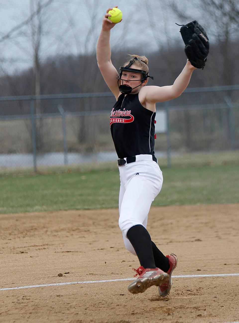 Crestview High School's Chesnie Patton delivers a pitch against Loudonville High School during high school softball action on Wednesday, March 30, 2022 at Crestview High School. TOM E. PUSKAR/TIMES-GAZETTE.COM