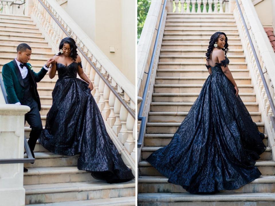 A side-by-side of a bride in a black wedding dress holding hands with a groom in a green suit and walking down a set of stairs and the same bride looking over her shoulder on the stairs.