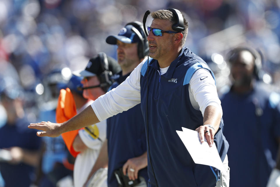 Tennessee Titans head coach Mike Vrabel watches from the sideline in the second half of an NFL football game against the Indianapolis Colts Sunday, Sept. 26, 2021, in Nashville, Tenn. (AP Photo/Wade Payne)