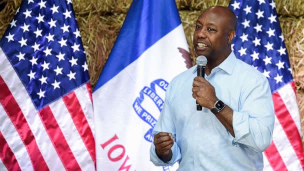 PHOTO: Republican presidential candidate Tim Scott speaks at the 'Roast and Ride' event hosted by U.S. Senator Joni Ernst while campaigning in Des Moines, Iowa, June 3, 2023. (Dave Kaup/Reuters)