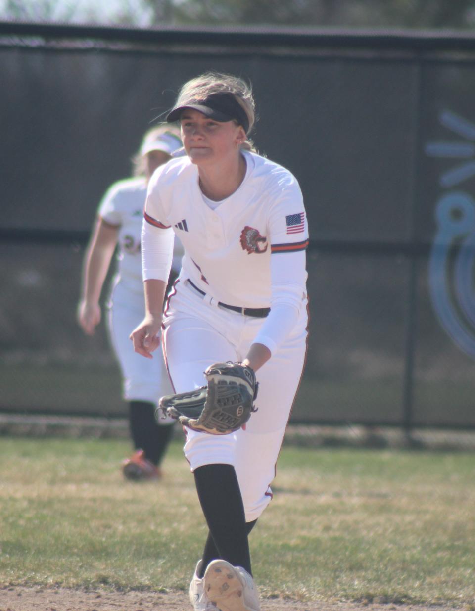 Cheboygan senior shortstop Amelia Johnson gets ready to field during game one against TC West on Monday.