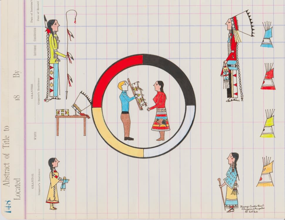 Ledger art by George Curtis Levi, who is a member of the Southern Cheyenne Tribe of Oklahoma and is also Southern Arapaho. This ledger art painting depicts how repatriation builds community and strengthens culture. It was painted on an antique mining document from Montana that dates from the 1890s. India ink and liquid acrylic paints were used. (Photo/Association on American Indian Affairs, 2020 Repatriation Conference)