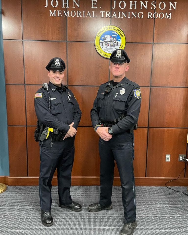 Holliston police officers Alex Keefe and Scott Downey helped save a man who had a heart attack on Thursday. Keefe was on his second day with the department.