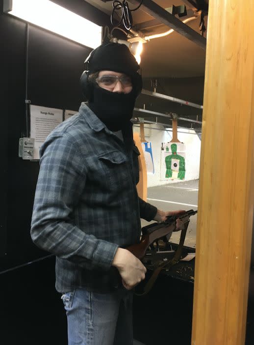 A masked member of the Socialist Rifle Association (SRA) at a Trigger Warning meet-up, Quickshot Shooting Range, Atlanta, in January 2019. (Photo: Courtesy of Mel Plaut)